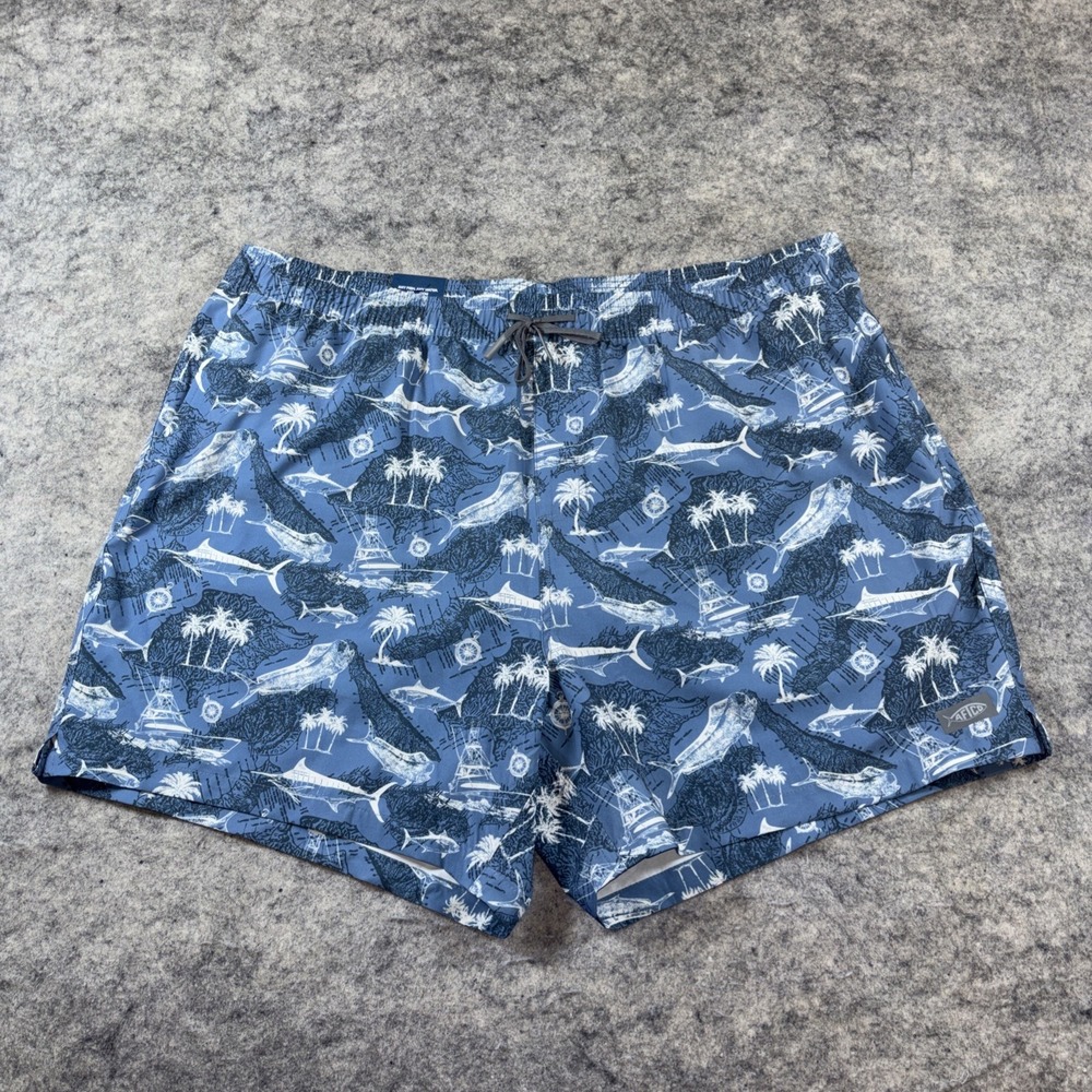 New AFTCO Swim Trunks Men's 2XL White Blue Floral‎ Fish Lined Sailboat Quick Dry